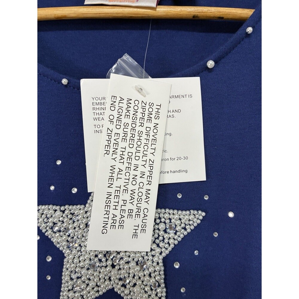 Quacker Factory T Shirt Size Large Blue Star Rhinestones Short Sleeve - Picture 6 of 12